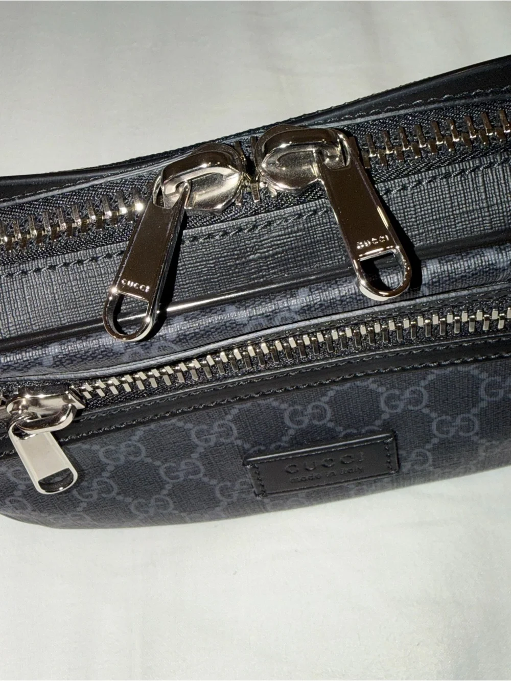 Gucci Black GG Supreme Belt Bag with Red and Navy Web Strap